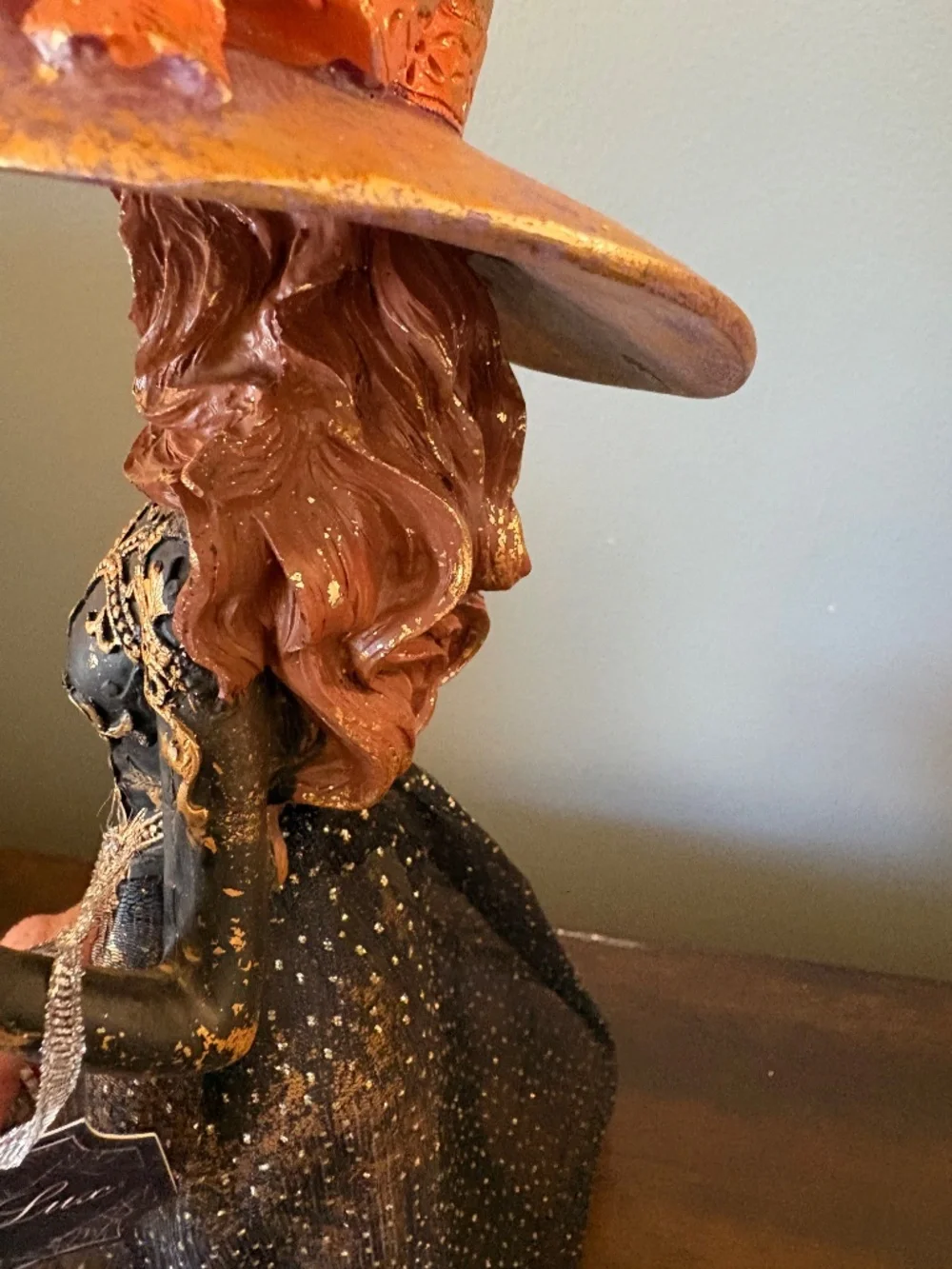 Bella Lux Halloween Witch Figurine Statue Black Gold Damask Dress Cauldron Broom